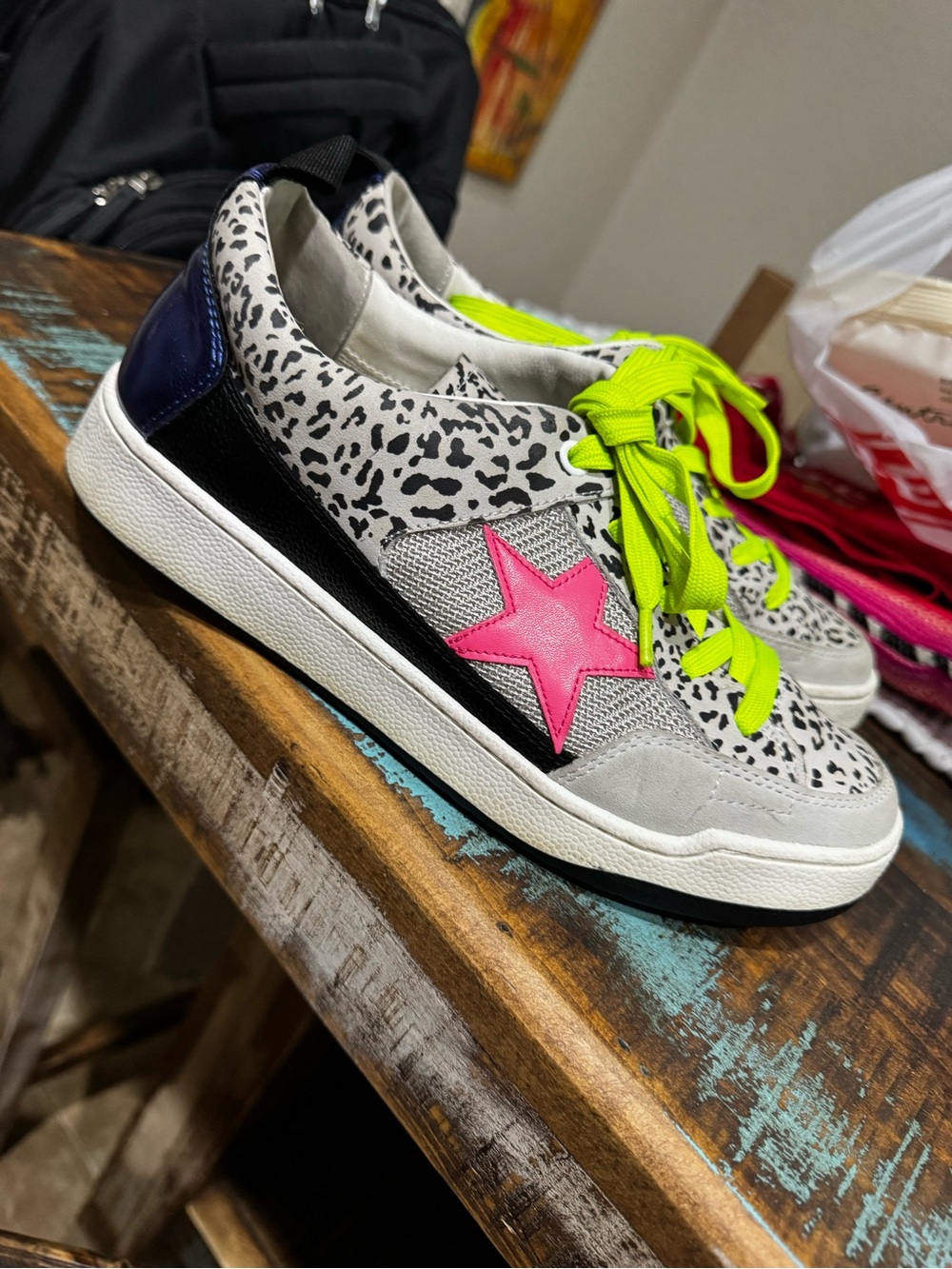 Steve Madden Leopard Print Sneakers with Hot Pink Star & Neon Laces